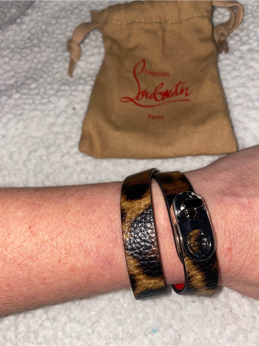 Christian Louboutin Elisa Leopard Leather Double Wrap Bracelet + Dust Bag